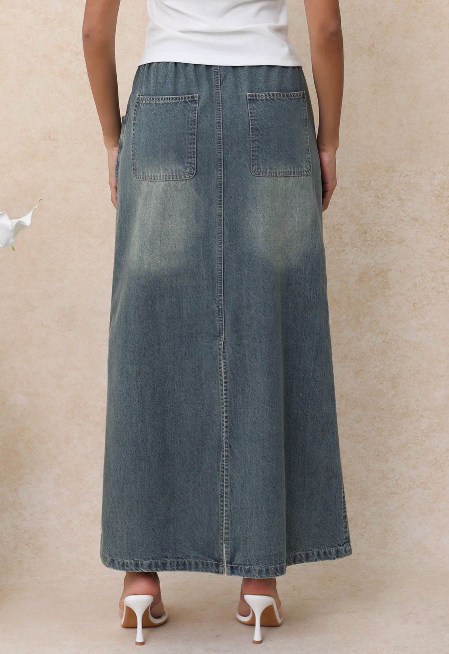 Seamed Vintage-Wash Denim Maxi Skirt