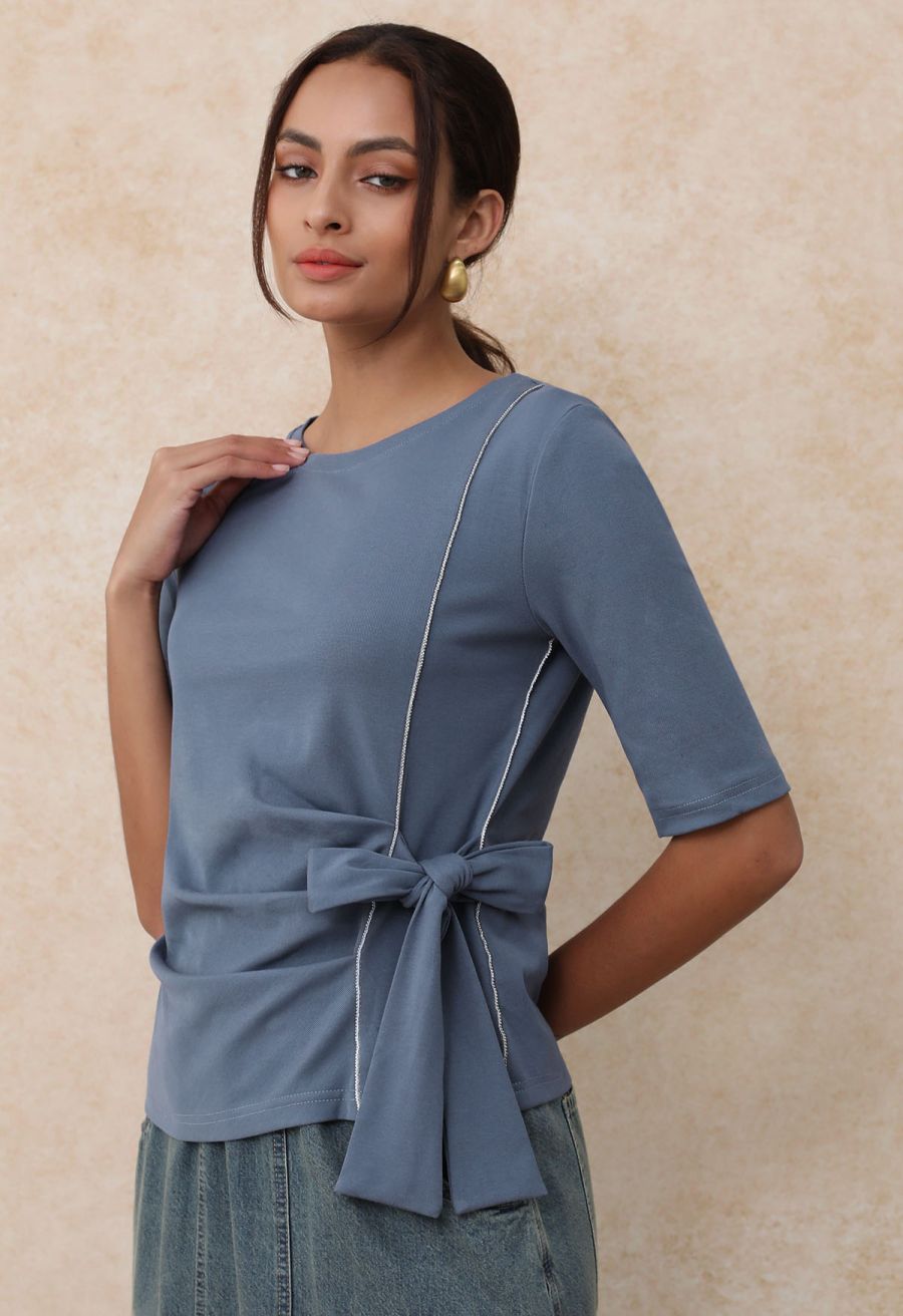 Self-Tie Bowknot Zip Tape Decor Top in Dusty Blue