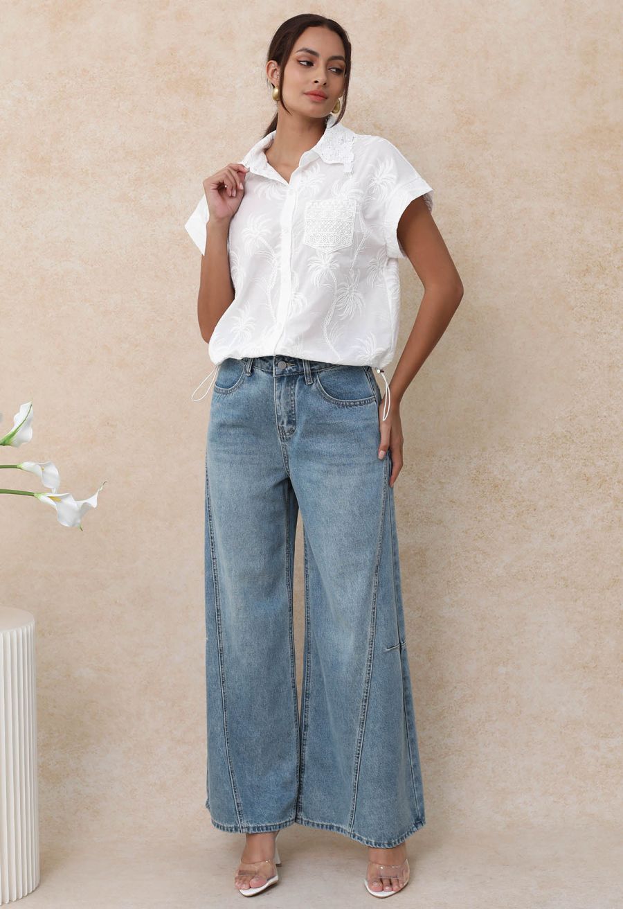 Coconut Tree Embroidered Loose Cotton Shirt in White