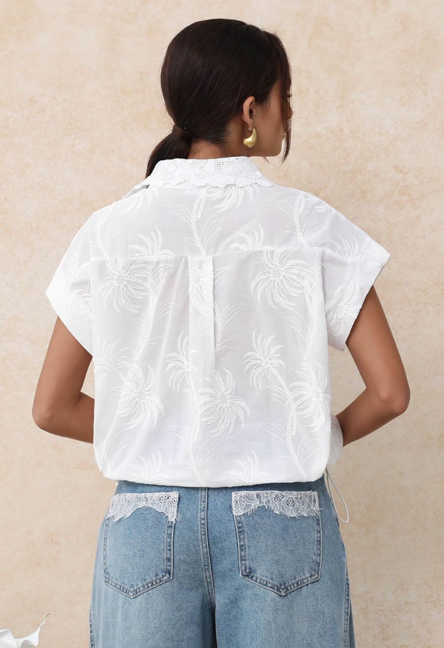 Coconut Tree Embroidered Loose Cotton Shirt in White