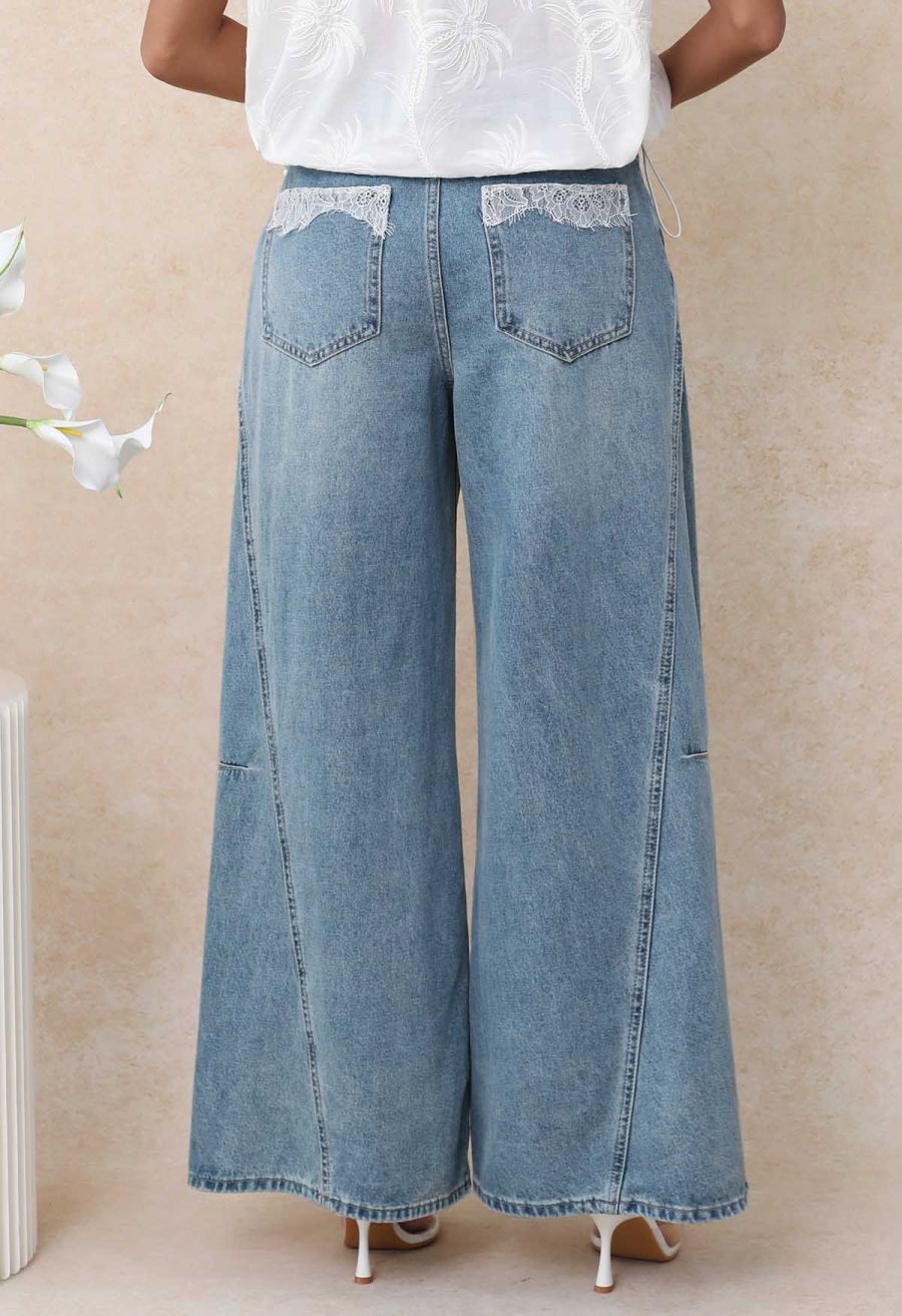 Lace Back Pocket Wide-Leg Seamed Jeans
