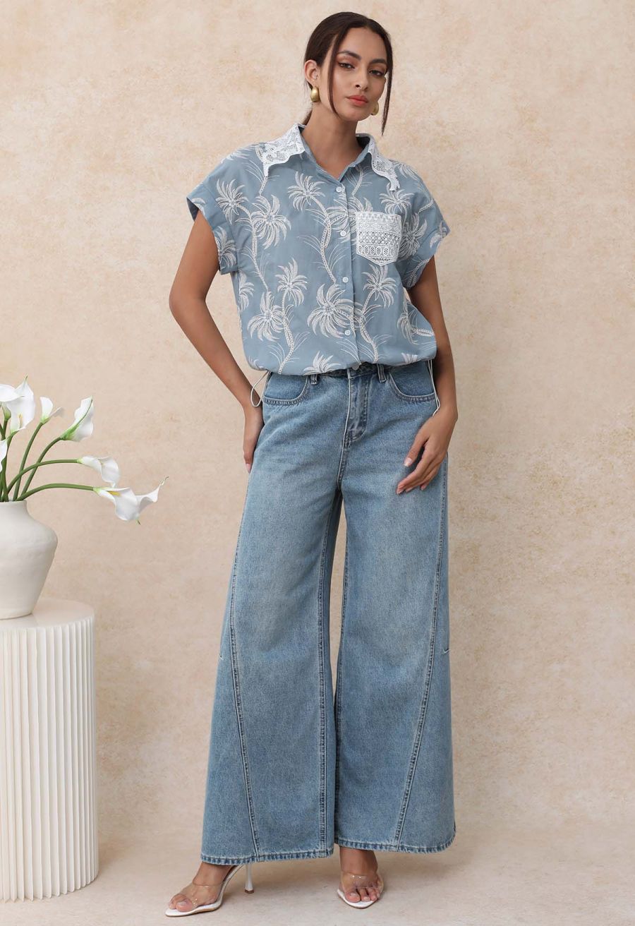 Coconut Tree Embroidered Loose Cotton Shirt in Light Blue