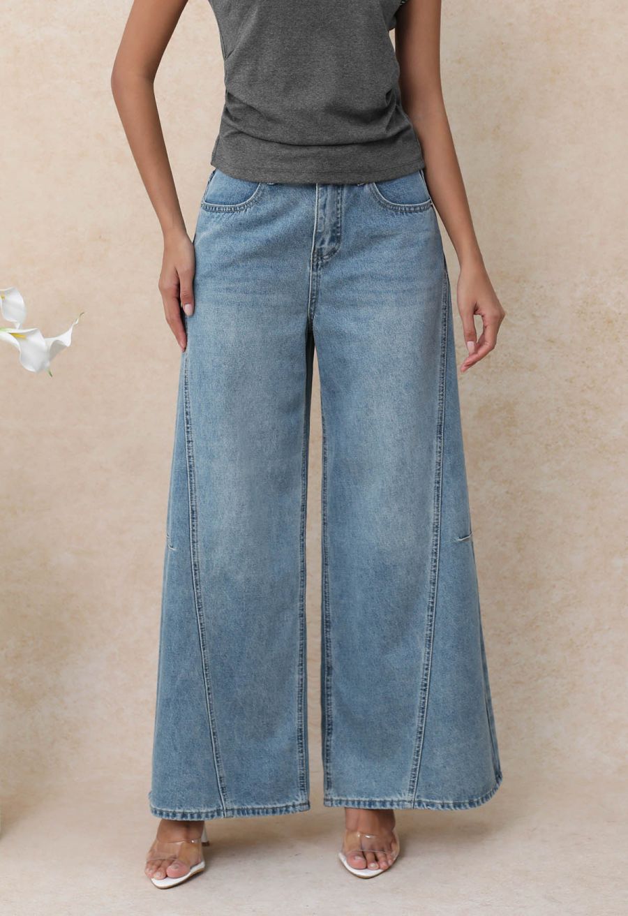 Lace Back Pocket Wide-Leg Seamed Jeans