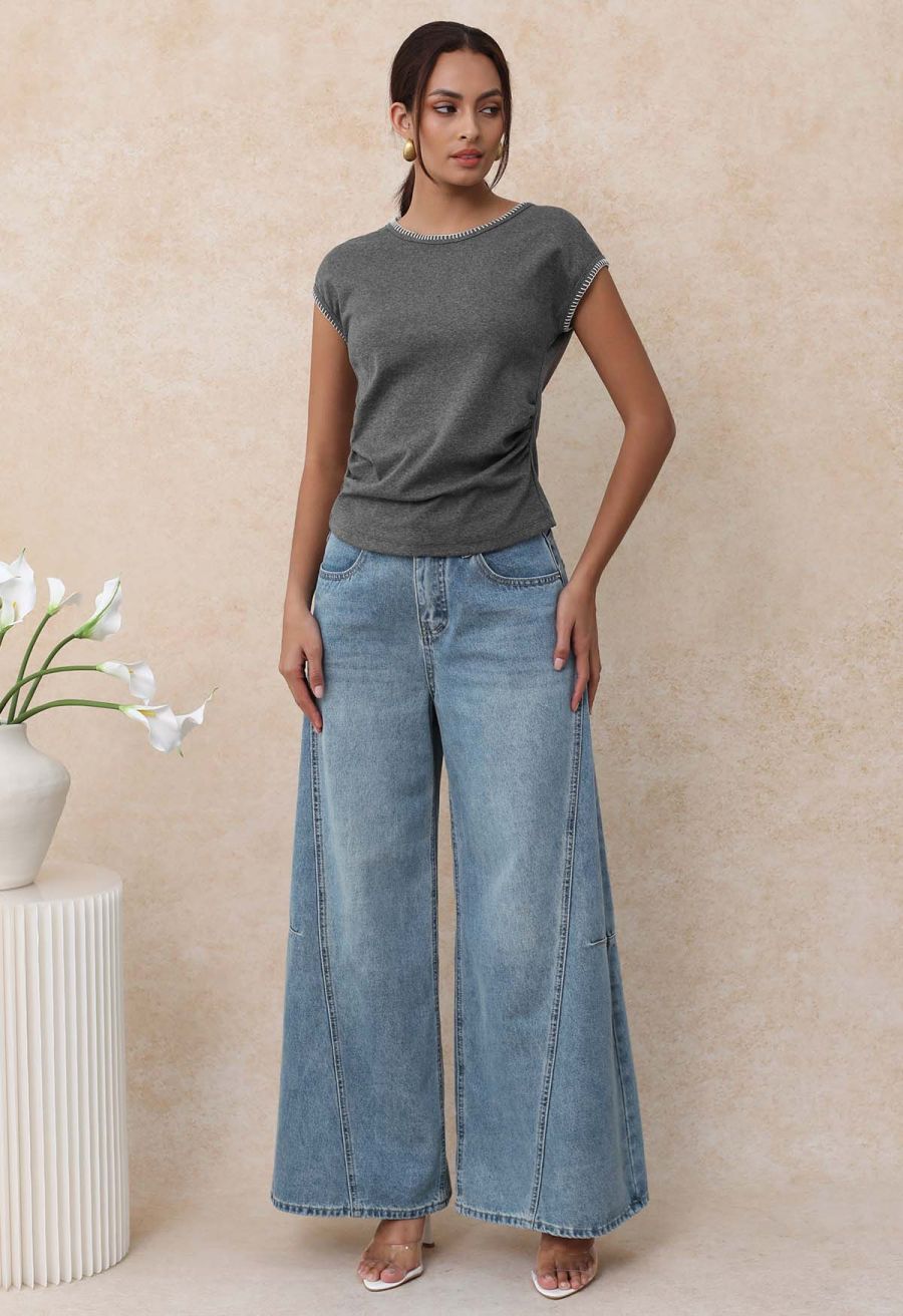 Lace Back Pocket Wide-Leg Seamed Jeans