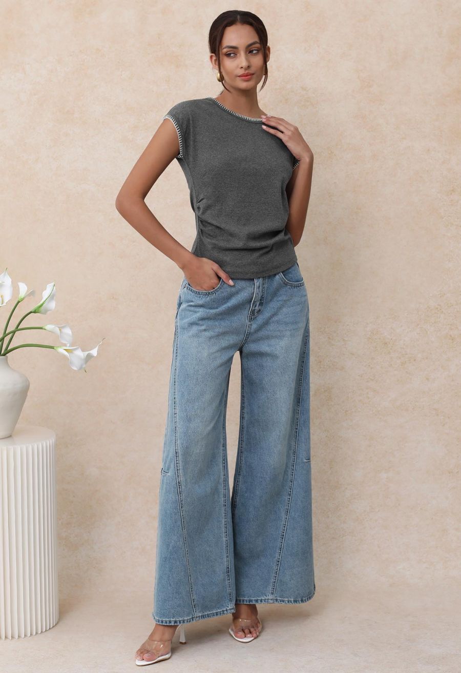 Lace Back Pocket Wide-Leg Seamed Jeans
