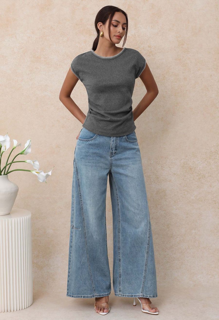 Lace Back Pocket Wide-Leg Seamed Jeans