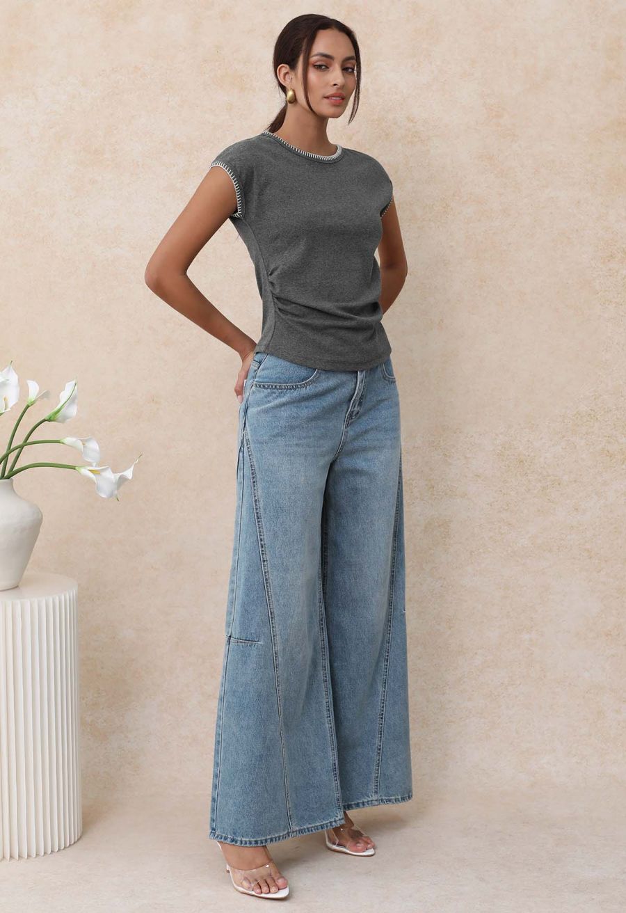 Whipstitch-Trimmed Ruched Side Top in Smoke