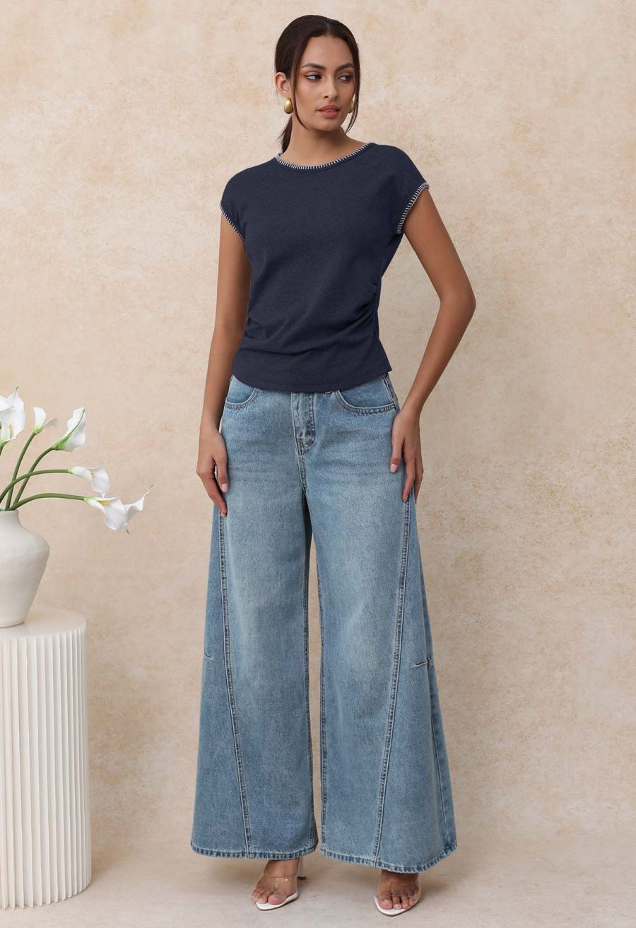 Whipstitch-Trimmed Ruched Side Top in Navy