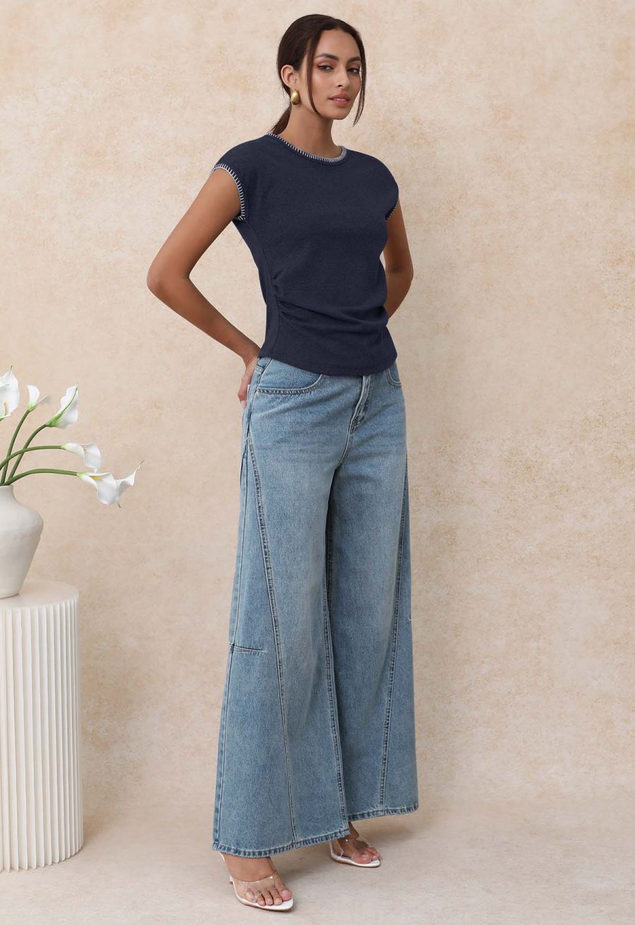 Whipstitch-Trimmed Ruched Side Top in Navy