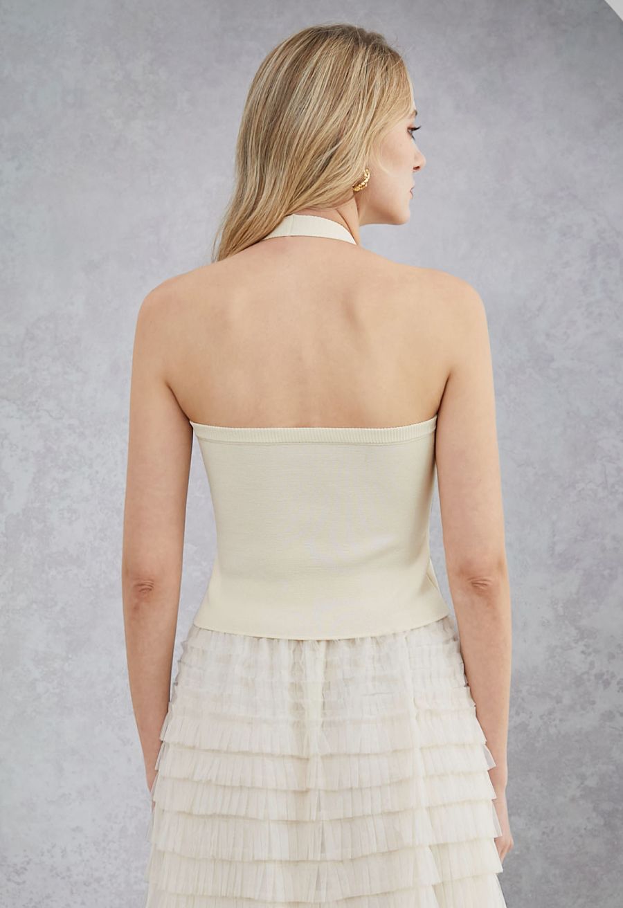 Rhinestone Trim Halter Neck Crop Knit Top in Cream