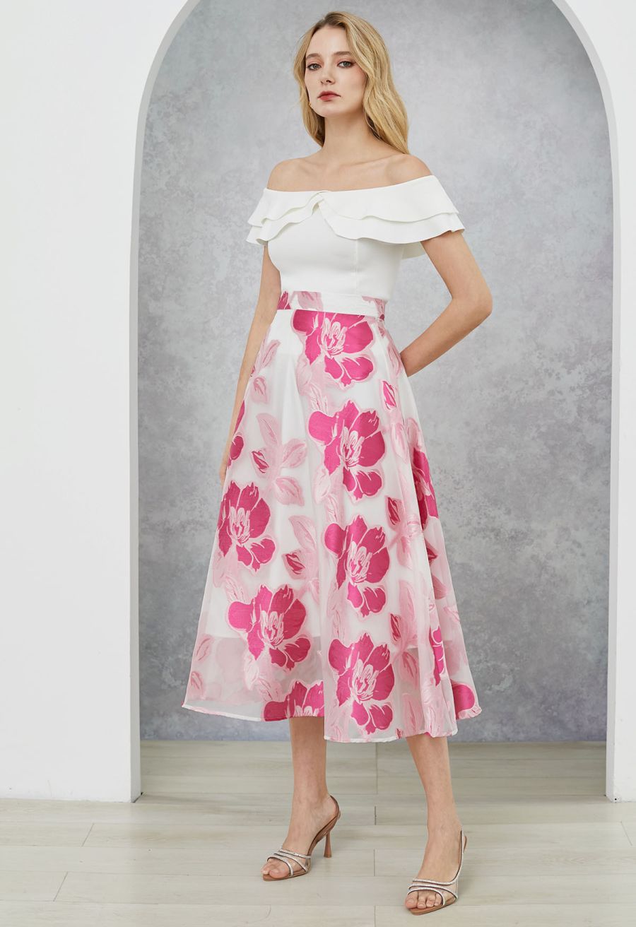 Magnolia Blooms Organza Jacquard A-Line Skirt