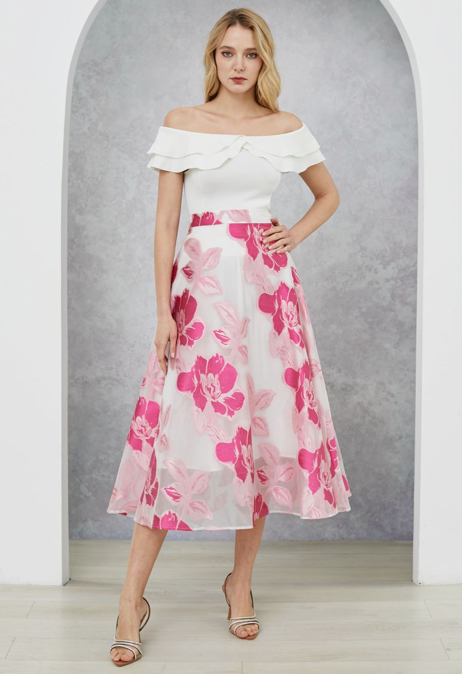 Magnolia Blooms Organza Jacquard A-Line Skirt