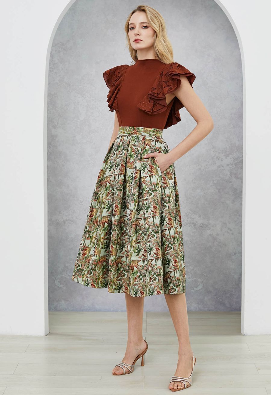Leaf Jacquard Box Pleat Midi Skirt
