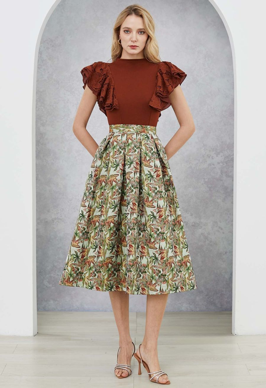 Leaf Jacquard Box Pleat Midi Skirt