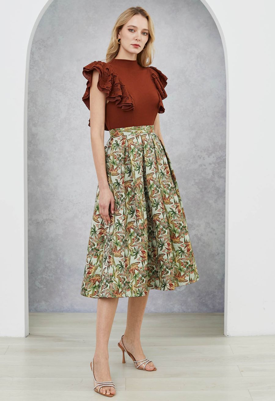 Leaf Jacquard Box Pleat Midi Skirt