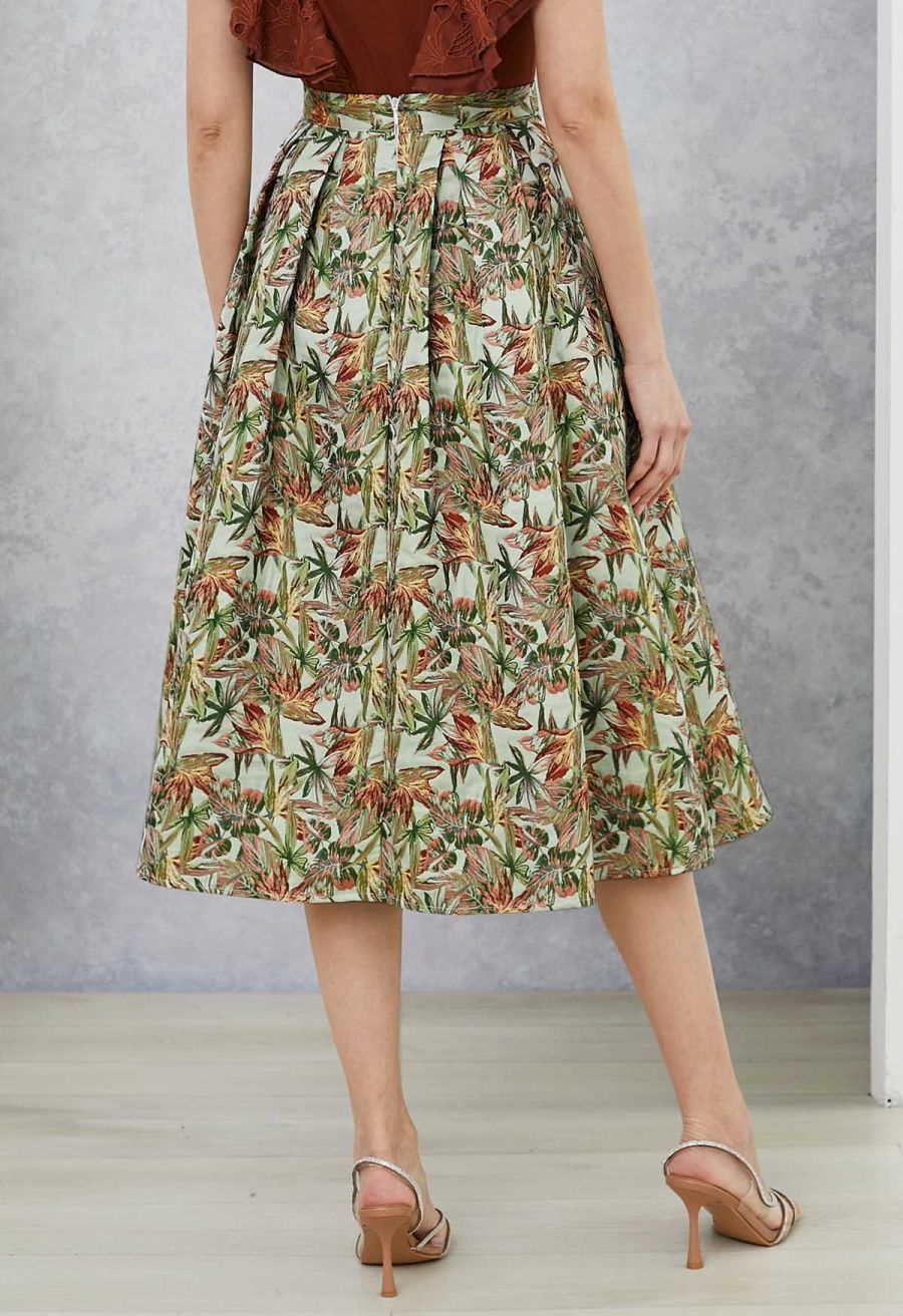 Leaf Jacquard Box Pleat Midi Skirt