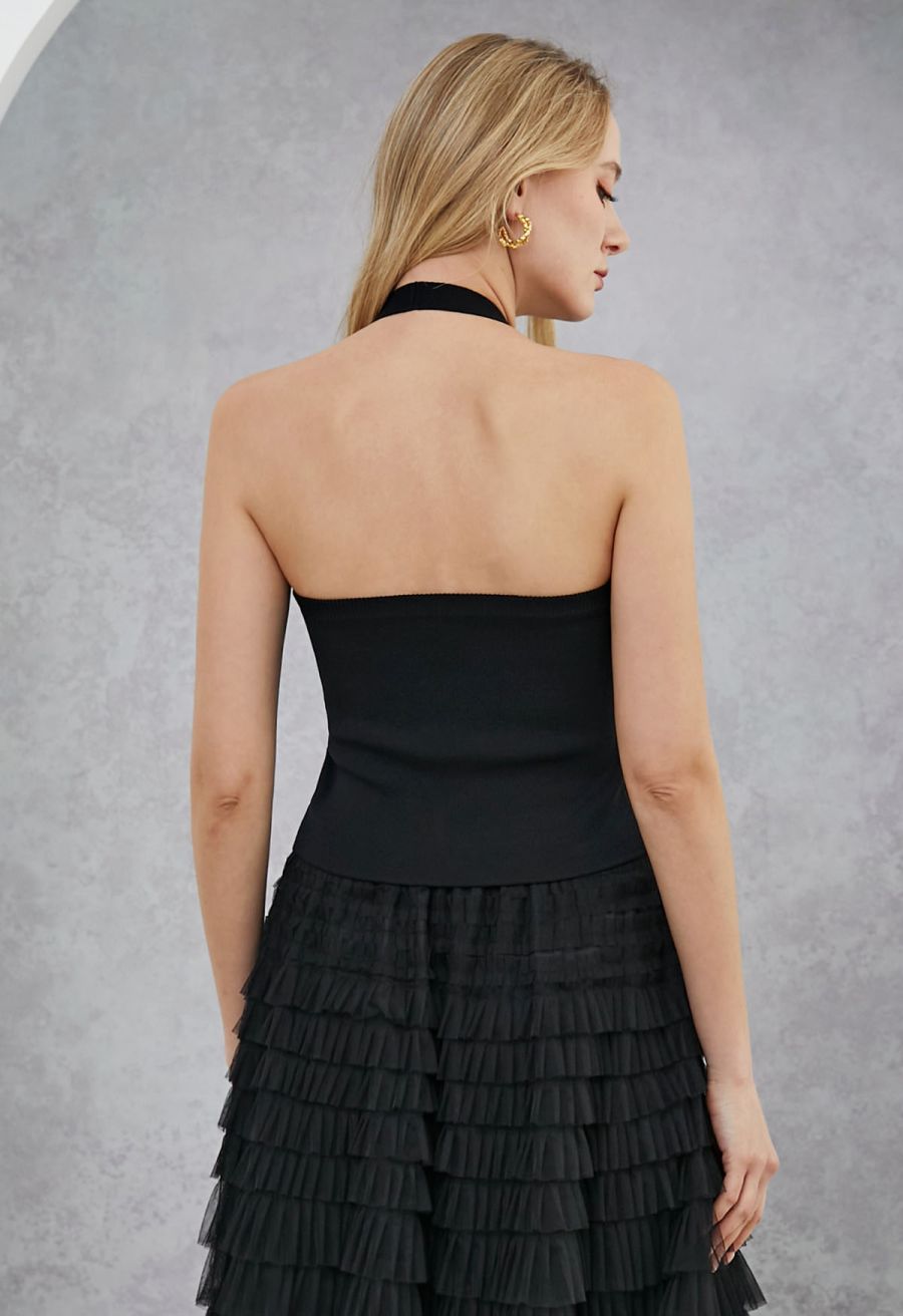 Rhinestone Trim Halter Neck Crop Knit Top in Black