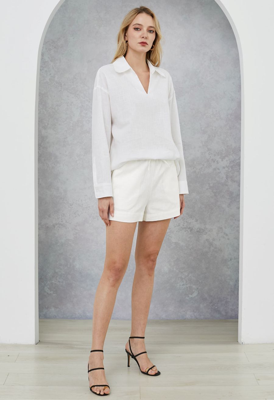 Collared V-Neck Linen-Blend Loose Shirt in White