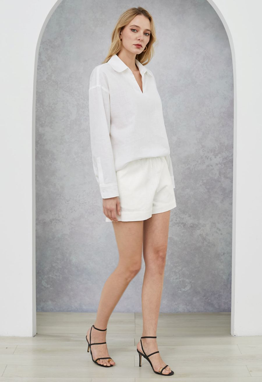 Collared V-Neck Linen-Blend Loose Shirt in White