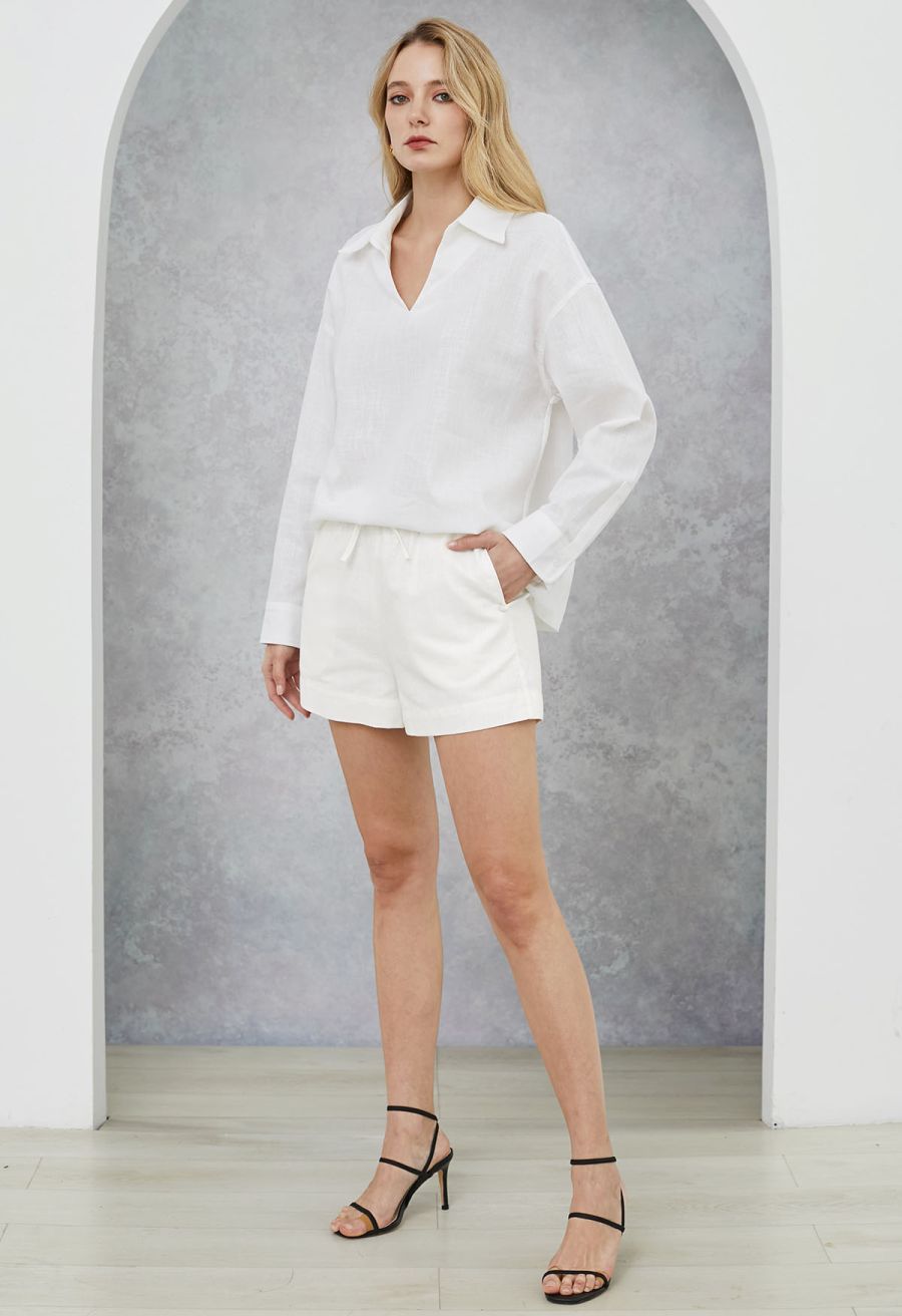 Collared V-Neck Linen-Blend Loose Shirt in White