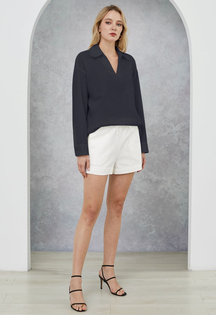 Collared V-Neck Linen-Blend Loose Shirt in Navy
