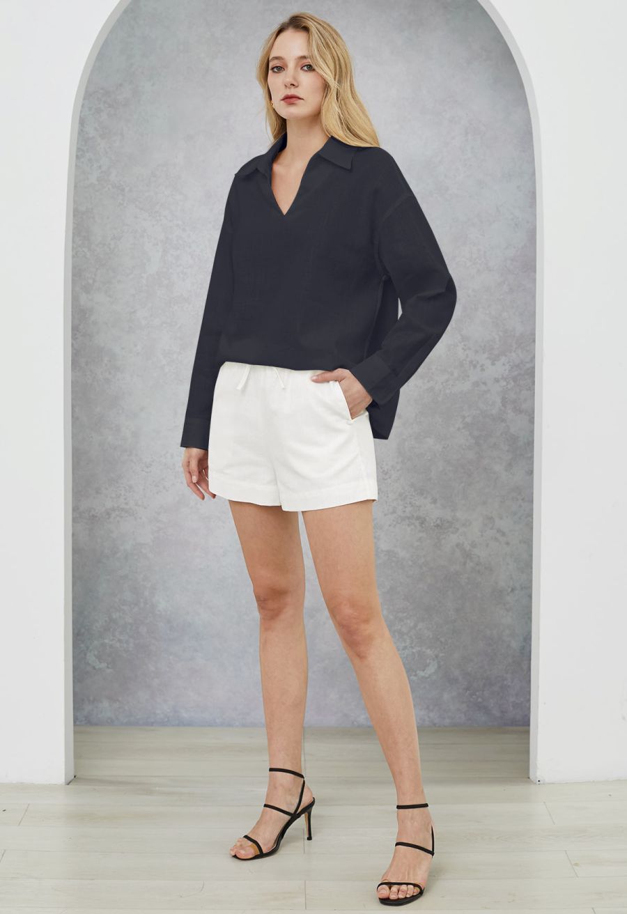 Collared V-Neck Linen-Blend Loose Shirt in Navy