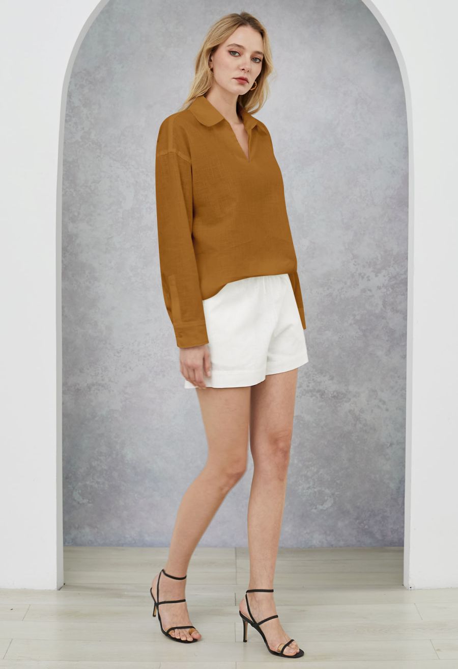 Collared V-Neck Linen-Blend Loose Shirt in Caramel
