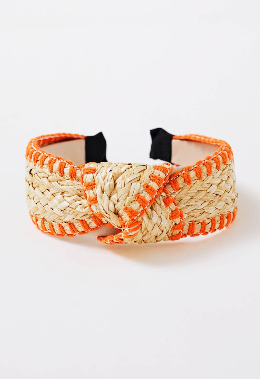 Bowknot Raffia Whipstitch-Trimmed Hair Headband in Orange