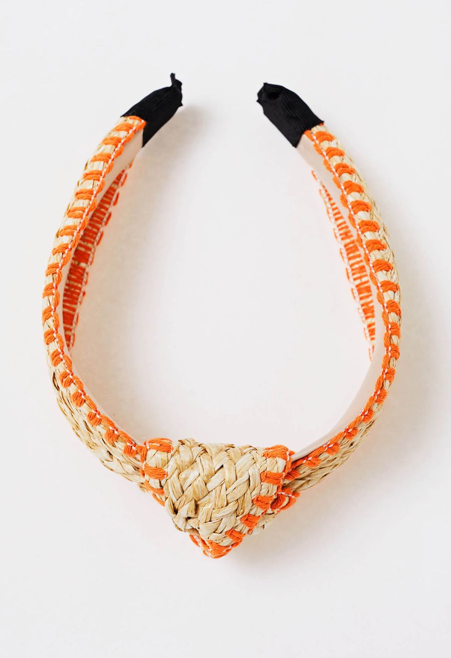Bowknot Raffia Whipstitch-Trimmed Hair Headband in Orange