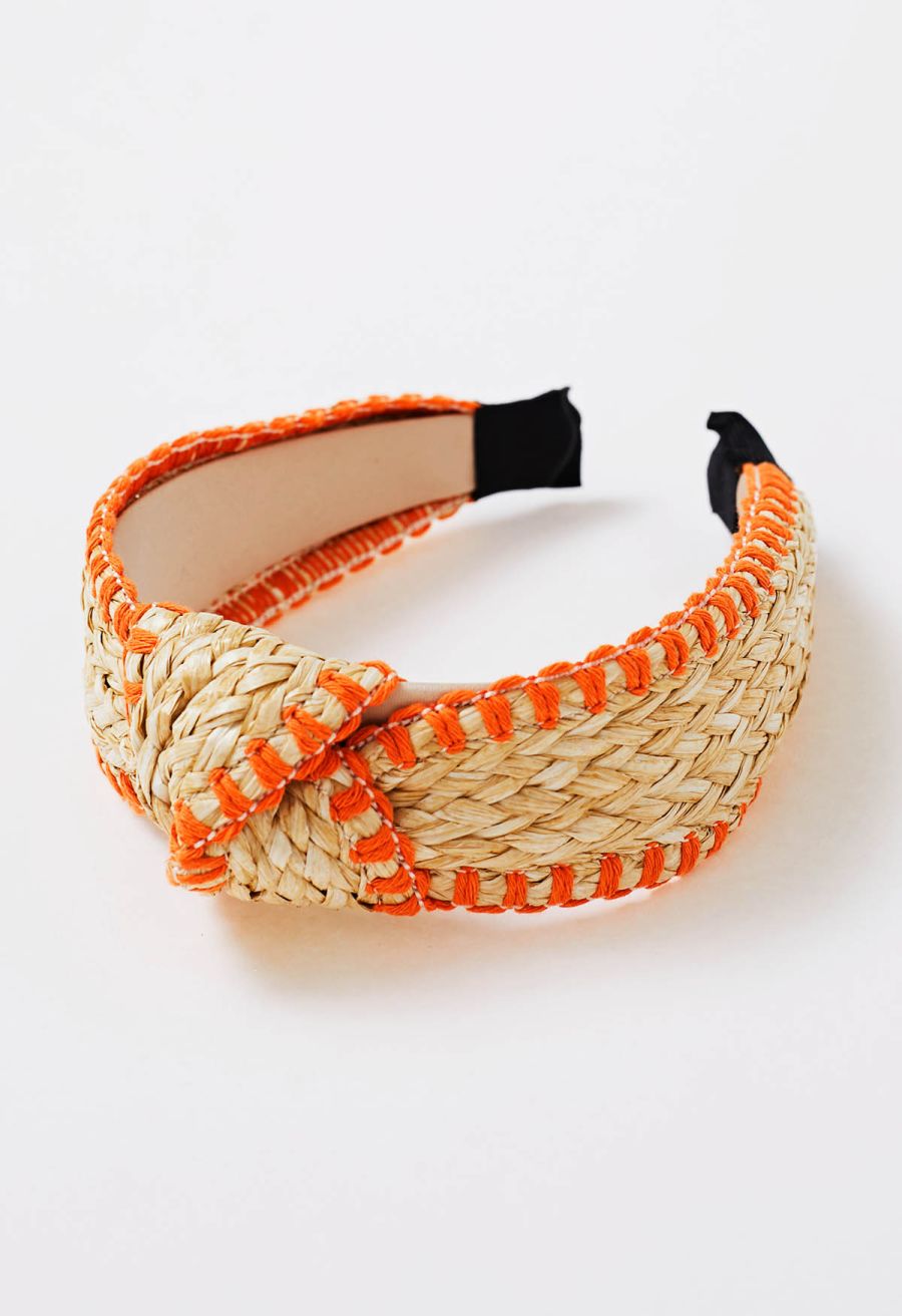 Bowknot Raffia Whipstitch-Trimmed Hair Headband in Orange