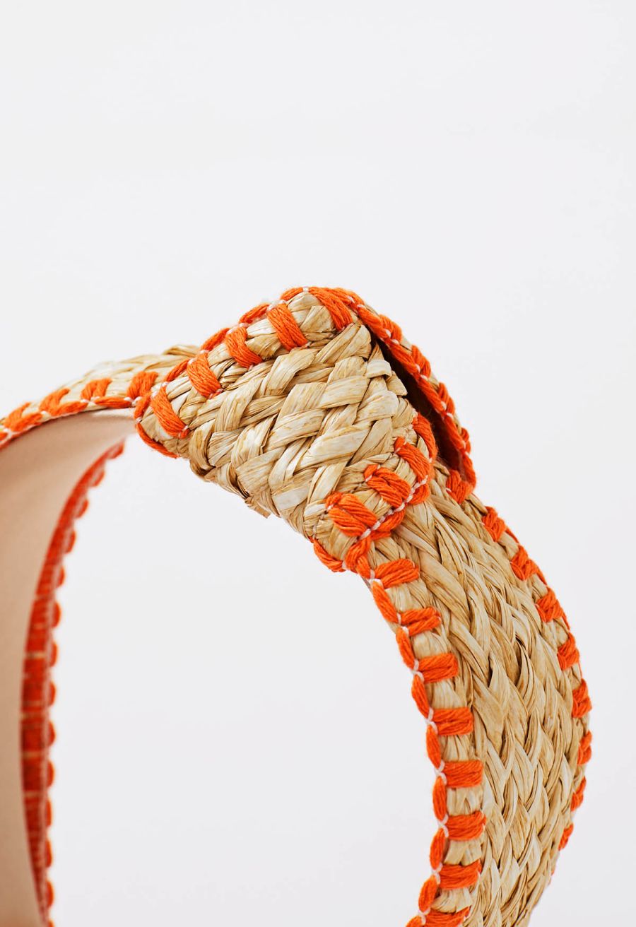 Bowknot Raffia Whipstitch-Trimmed Hair Headband in Orange