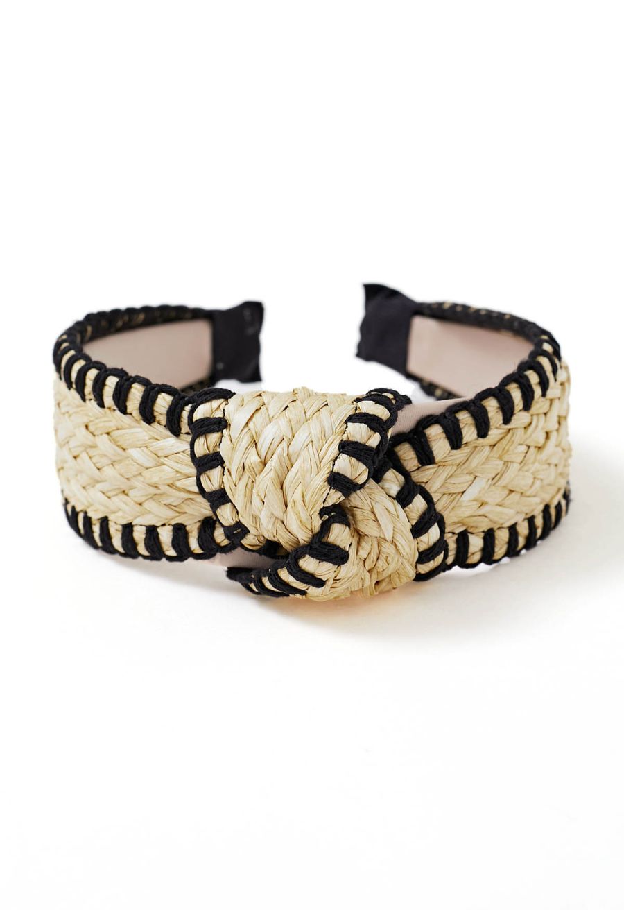 Bowknot Raffia Whipstitch-Trimmed Hair Headband in Black