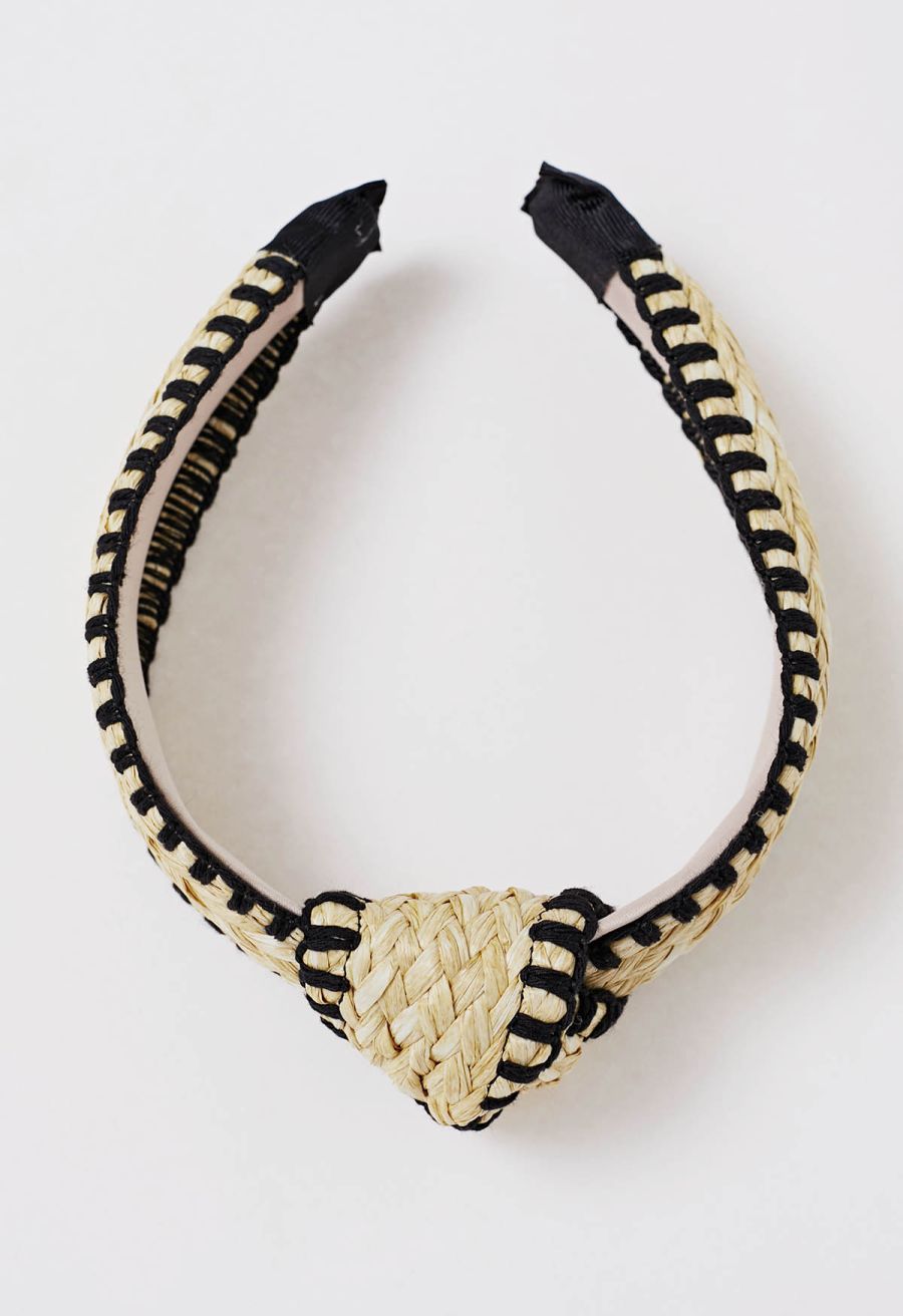 Bowknot Raffia Whipstitch-Trimmed Hair Headband in Black