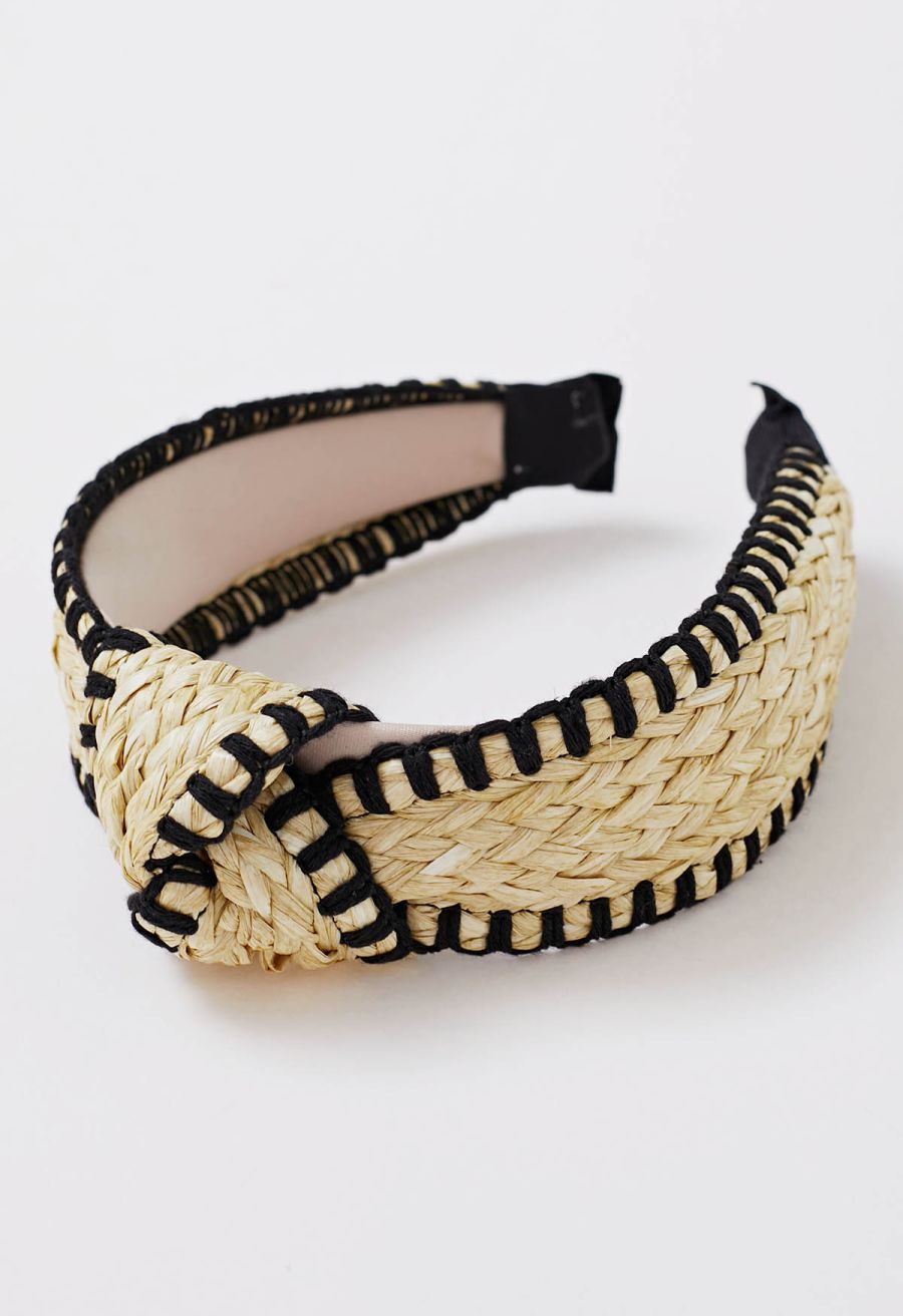 Bowknot Raffia Whipstitch-Trimmed Hair Headband in Black