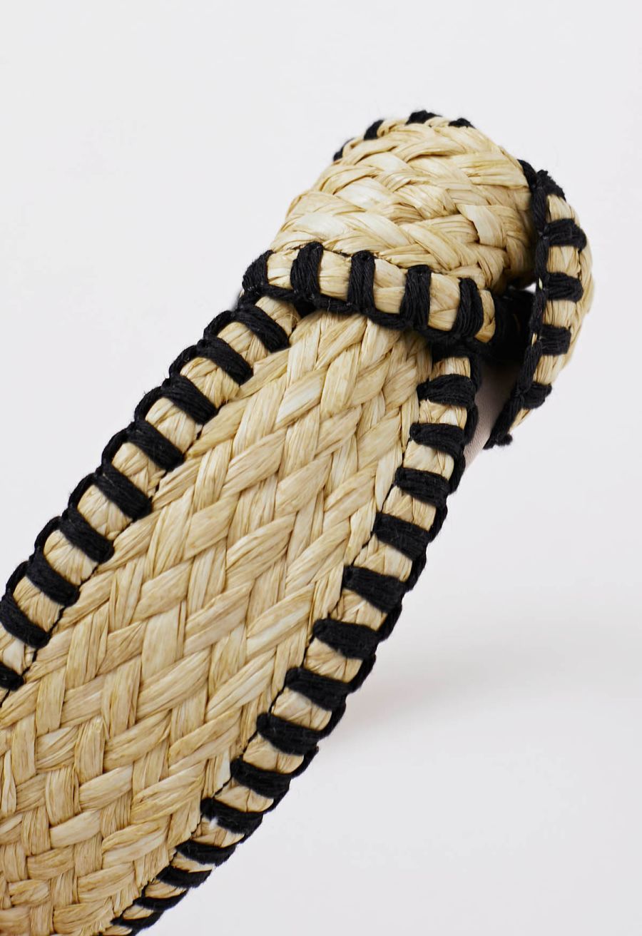 Bowknot Raffia Whipstitch-Trimmed Hair Headband in Black
