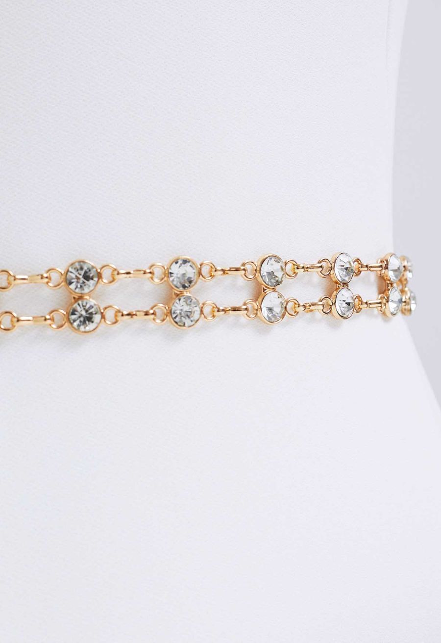 Double-Layered Rhinestone Chain Belt in Gold