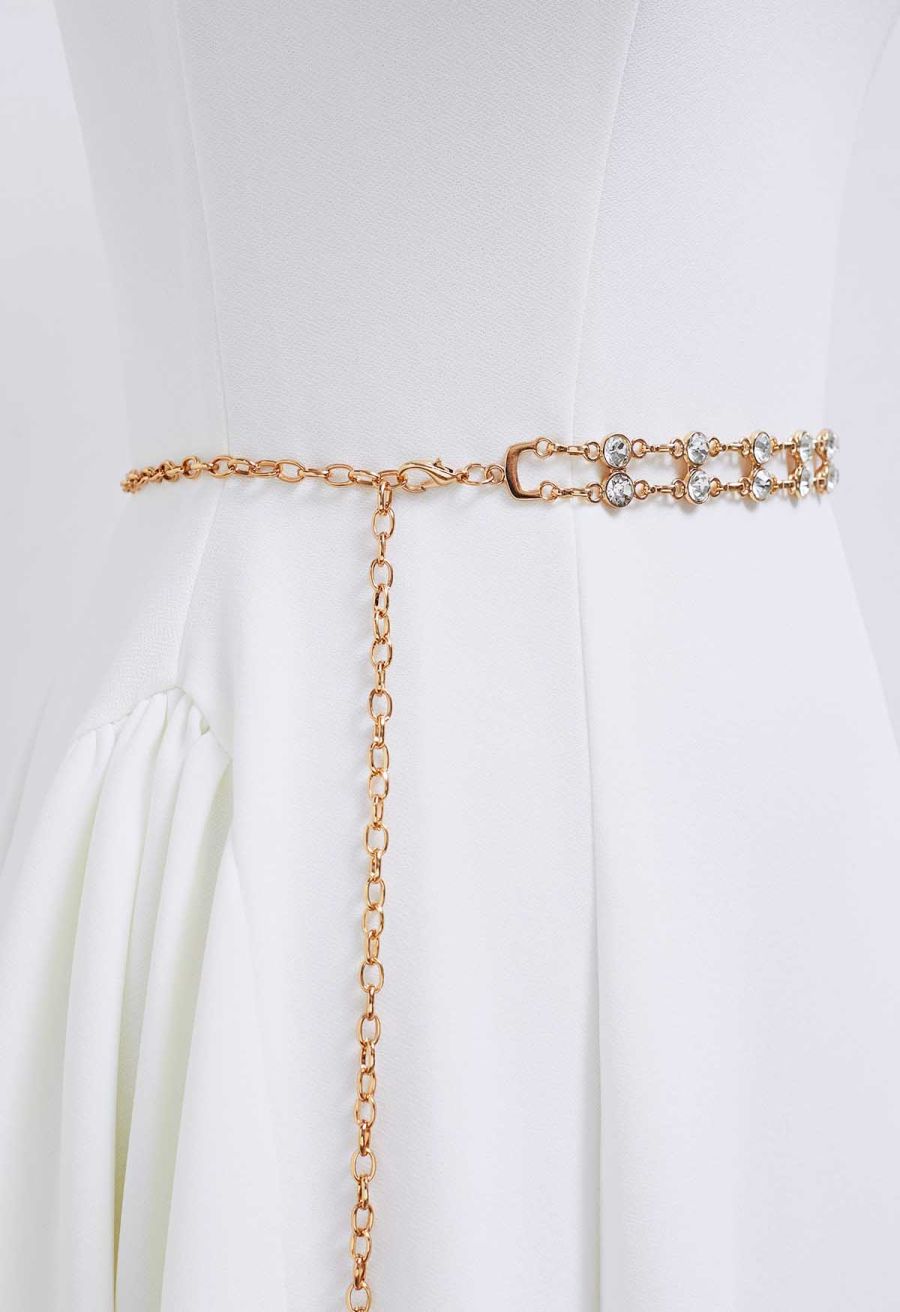 Double-Layered Rhinestone Chain Belt in Gold