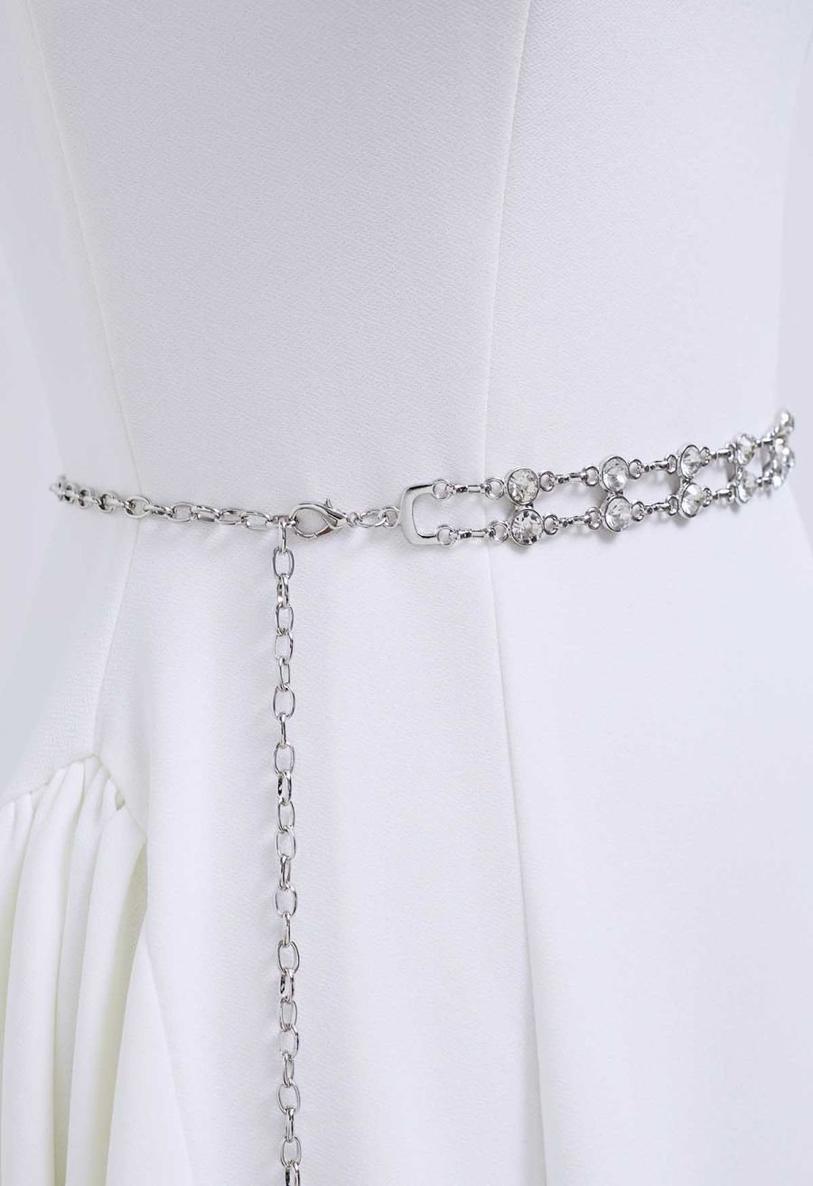 Double-Layered Rhinestone Chain Belt in Silver