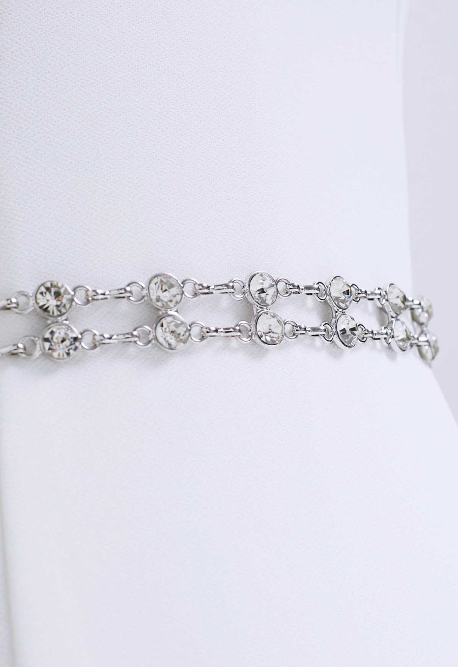 Double-Layered Rhinestone Chain Belt in Silver