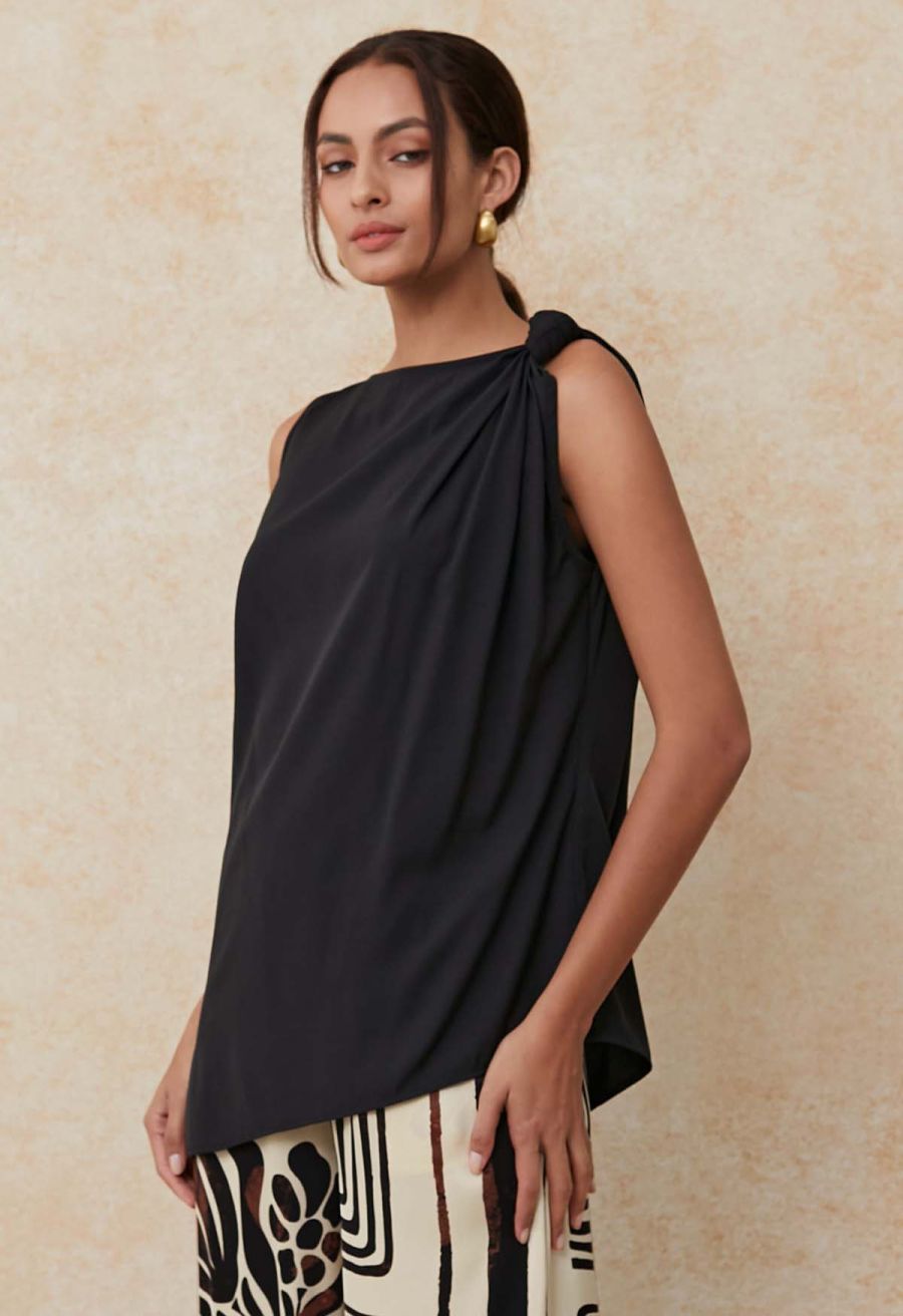 Knot Shoulder Longline Sleeveless Top in Black