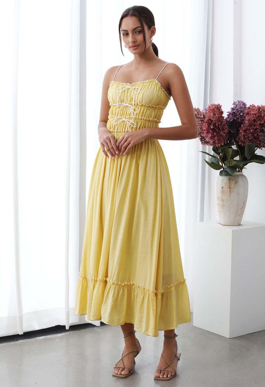 Self-Tie Bowknot Ruffle Cami Midi Dress in Yellow