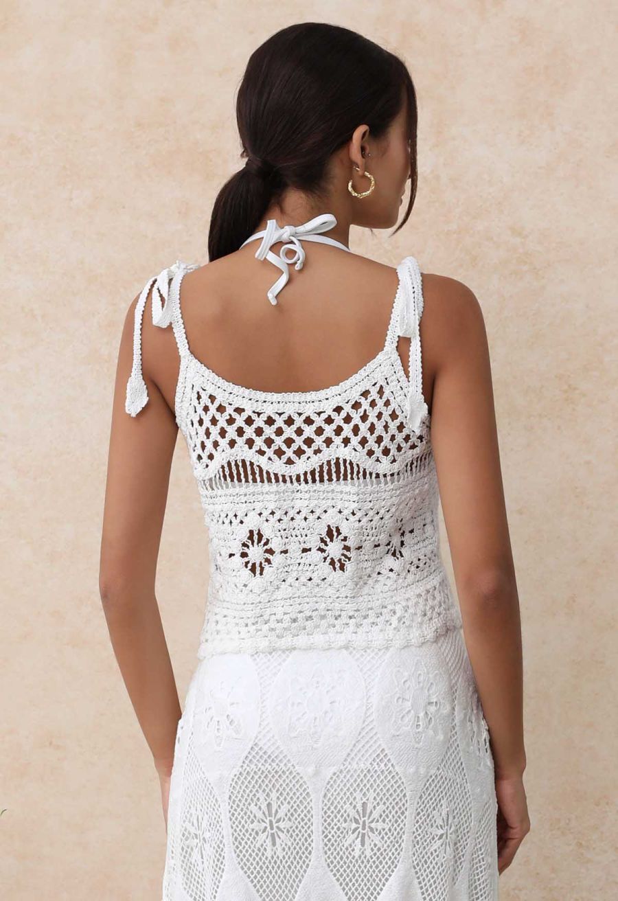 Tassel Front Open-Knit Crochet Cami Top in White