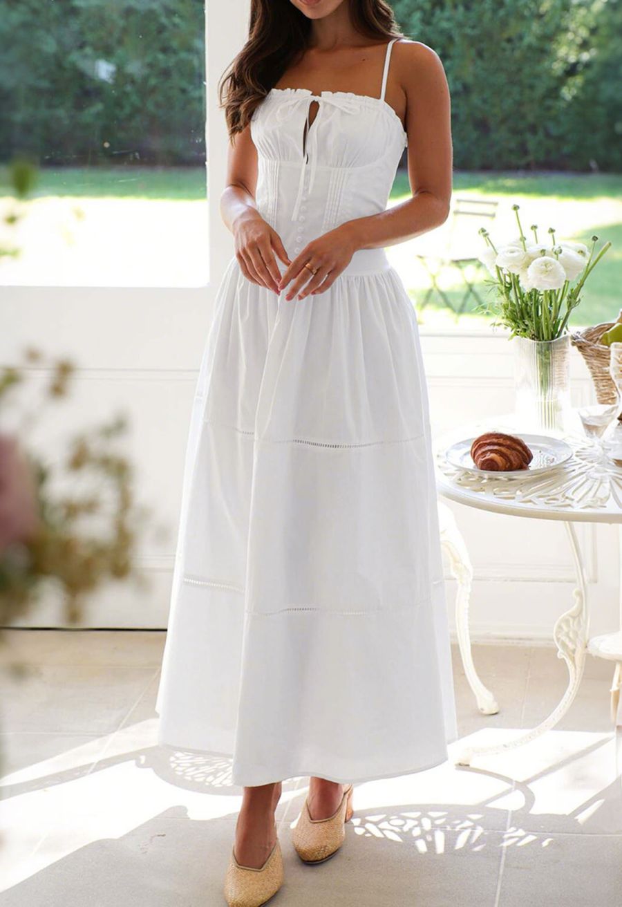 Button Decor Pintuck Eyelet Shirred Dress in White