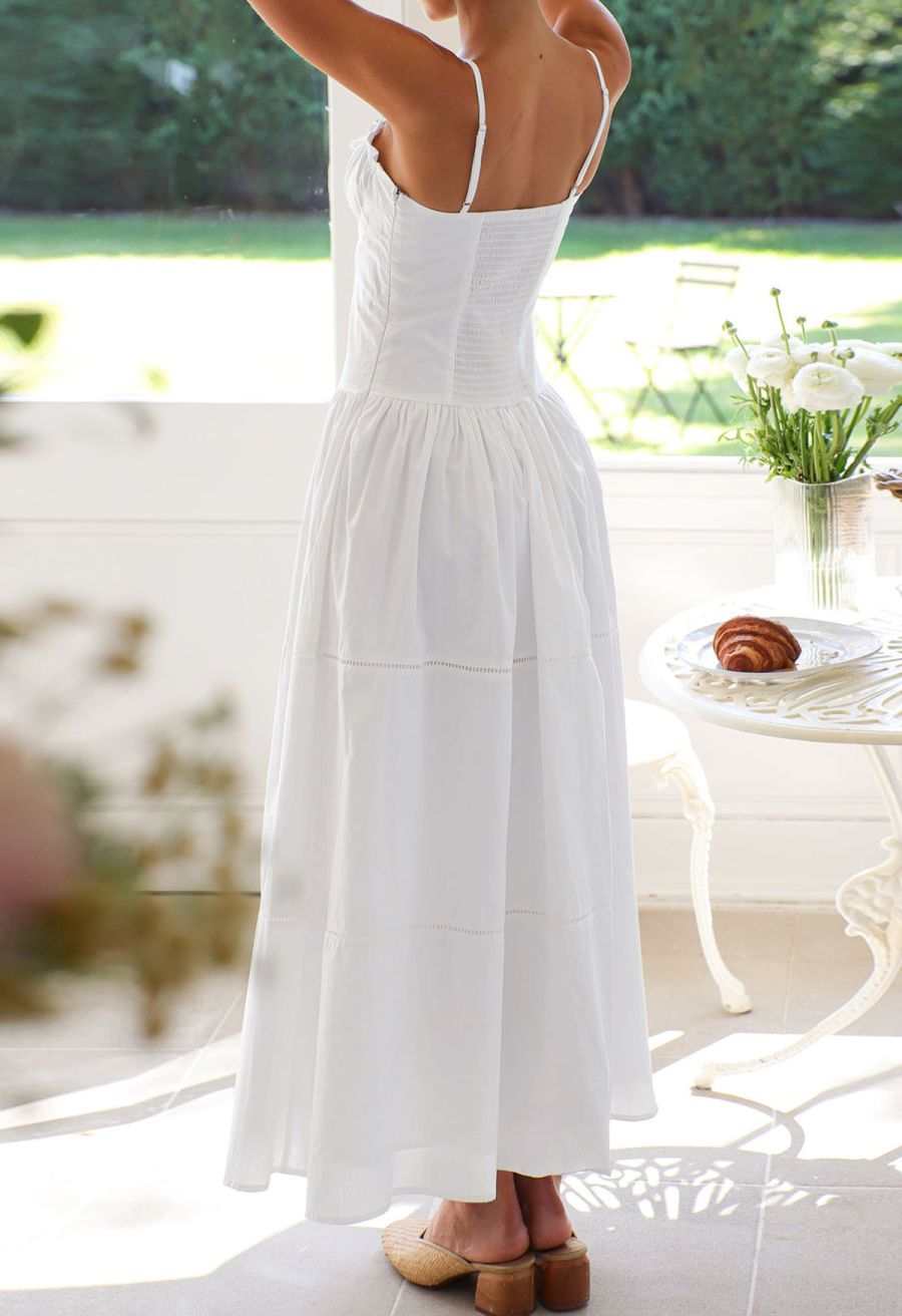 Button Decor Pintuck Eyelet Shirred Dress in White