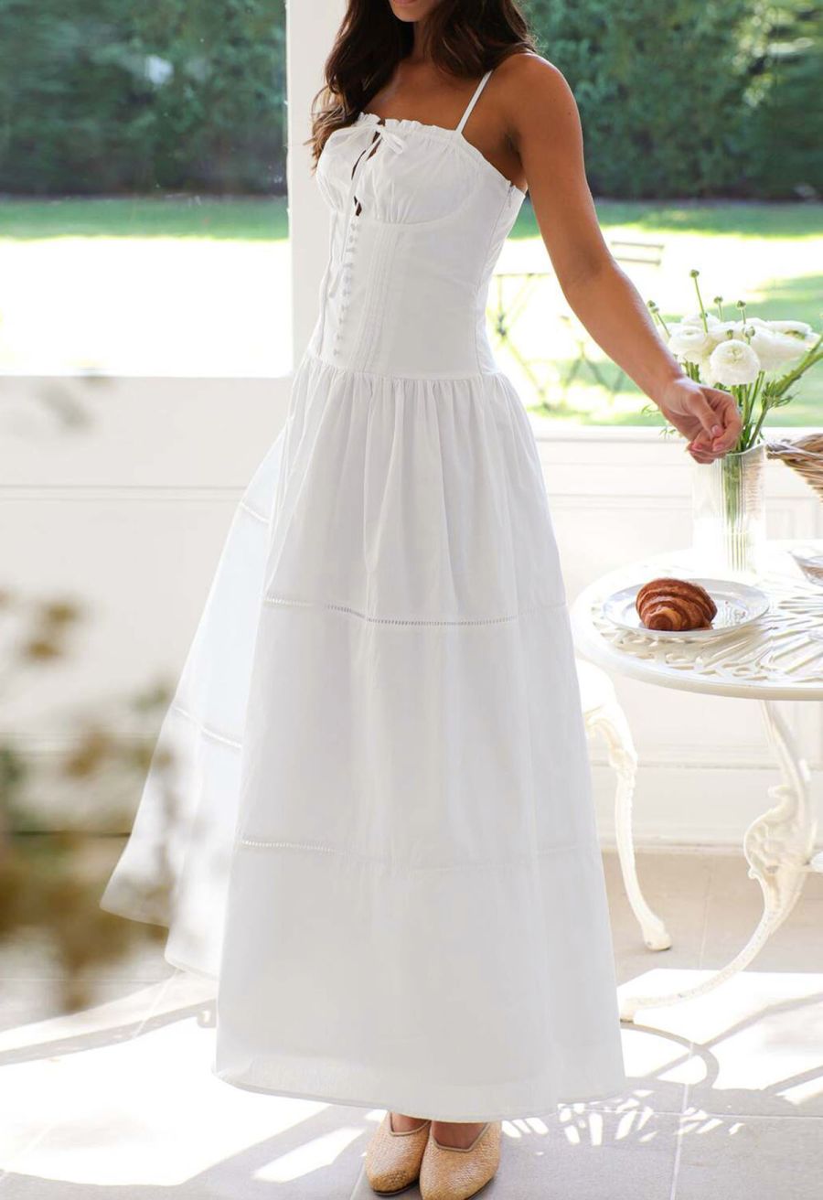Button Decor Pintuck Eyelet Shirred Dress in White