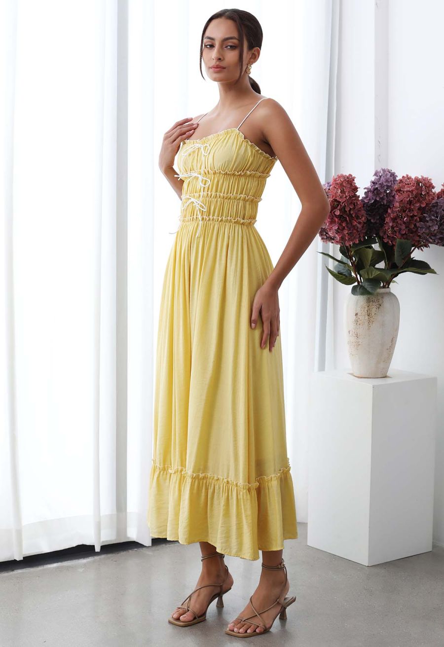 Self-Tie Bowknot Ruffle Cami Midi Dress in Yellow