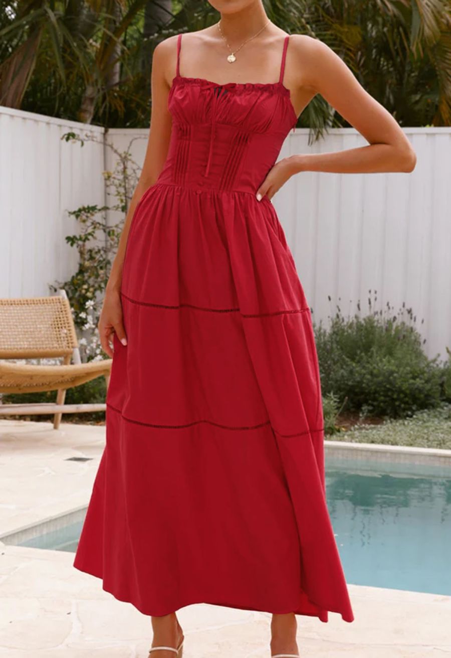 Button Decor Pintuck Eyelet Shirred Dress in Red