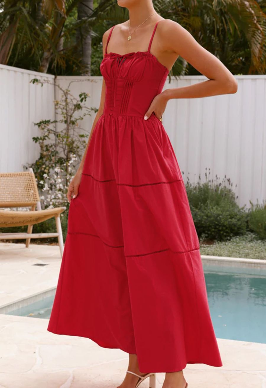 Button Decor Pintuck Eyelet Shirred Dress in Red