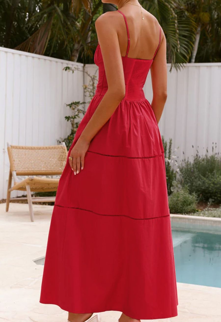 Button Decor Pintuck Eyelet Shirred Dress in Red