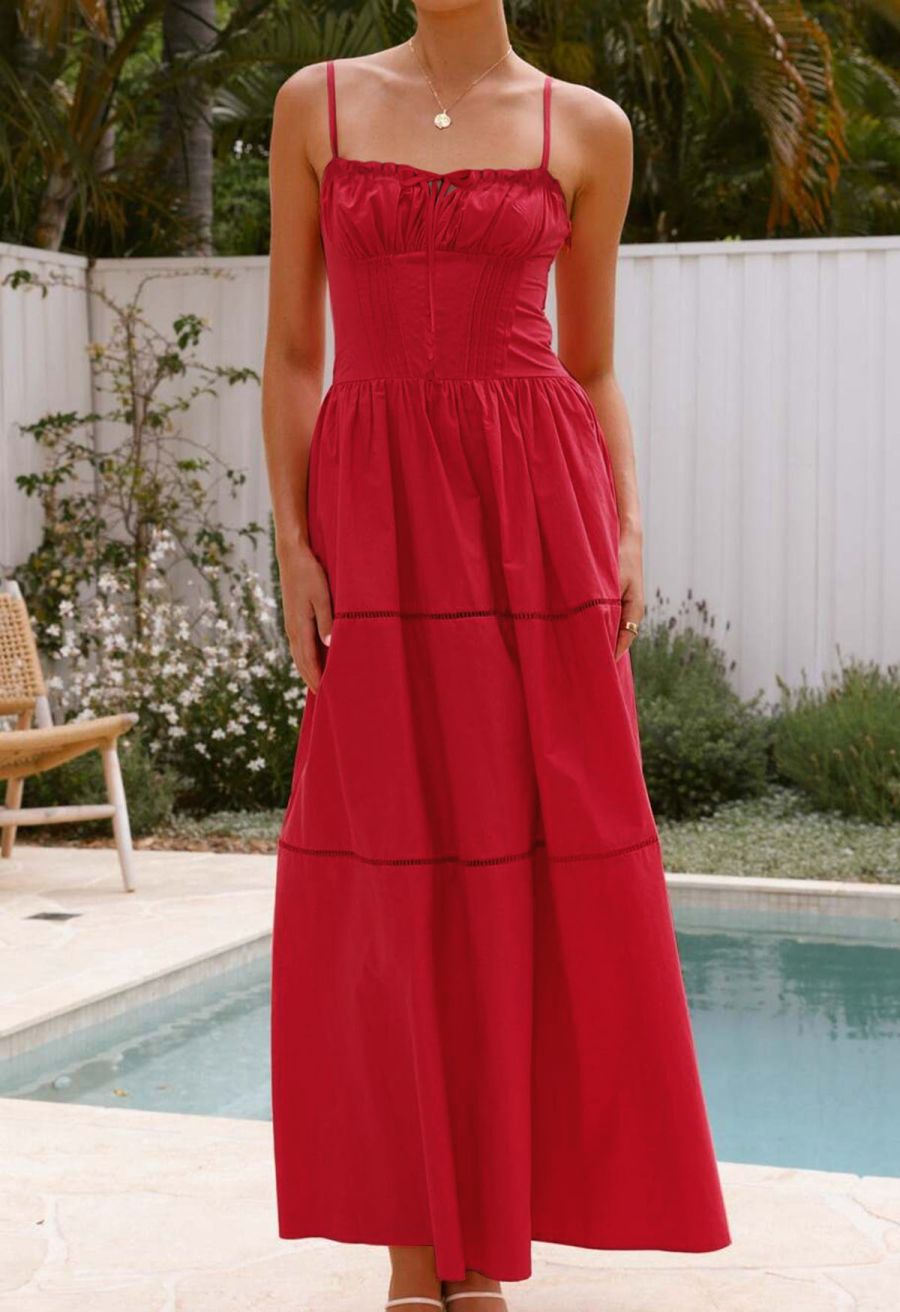 Button Decor Pintuck Eyelet Shirred Dress in Red